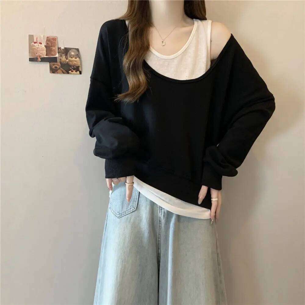 Shoulder Bared Oversized Women's Sweatshirt Pure Color Base Layer Two Piece Set New Arrival Autumn Season Princess Sleeve Rou...