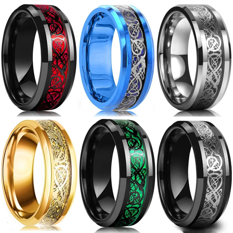 21 Colors 8mm Mens Stainless Steel Celtic Dragon Ring Inlay Red Green Black Carbon Fiber Ring Wedding Band Jewelry Size 613 251017