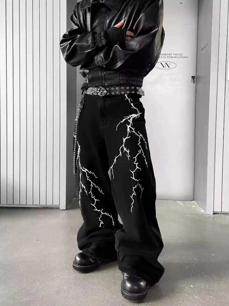 Y2k Fashion Baggy Jeans Black Mens Streetwear Straight Oversize Wideleg Pants Vintage Lightning Pattern Loose Denim Trousers1 Y251105