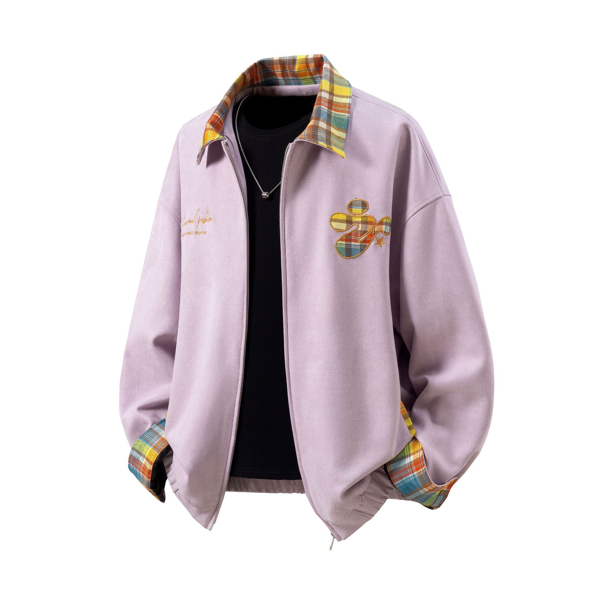 Men's Jackets Suede Embroidered Jacket Autumn Fashionable Trendy Luxurious Design Brand Contrasting Colour Plaid Lapel Coat