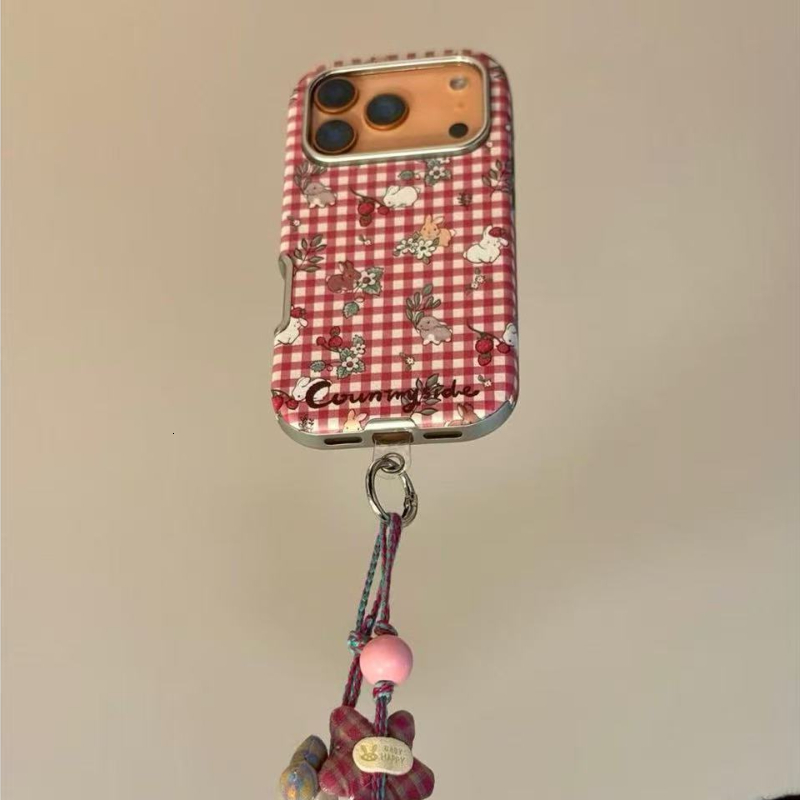 Fresh Red White Checkered Flower Strawberry Rabbit Case for iPhone 17 Pro, Apple 16, and 15 New Model