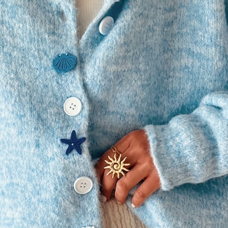 Women's Milk Blue Cardigan with Starfish Shell Buttons - Casual Outerwear for Spring Autumn Winter
