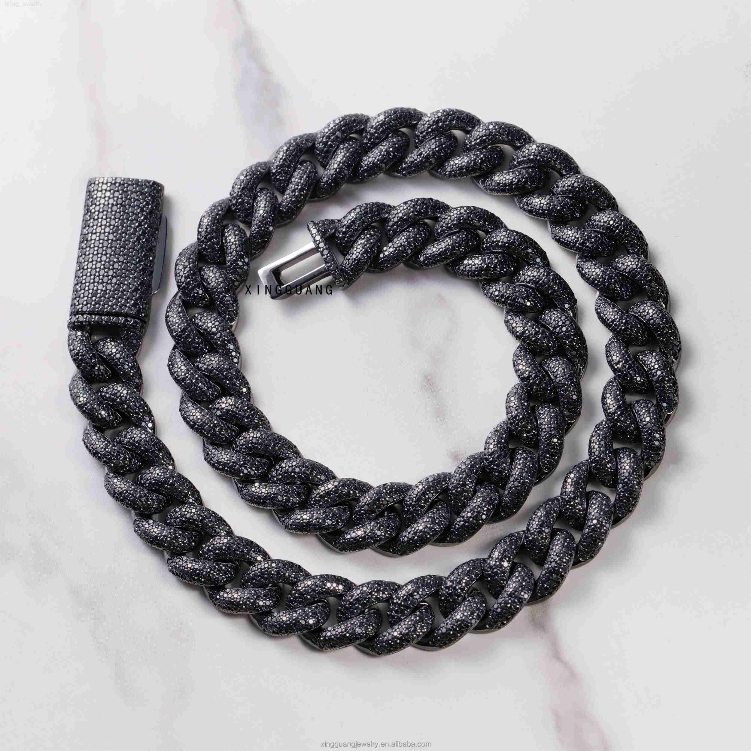 VVS Moissanite Cuban Chain Jewelry 13mm S925 Silver Black Plated Hip Hop Necklace for Men Black Diamond Cuban Lidynamic Chain