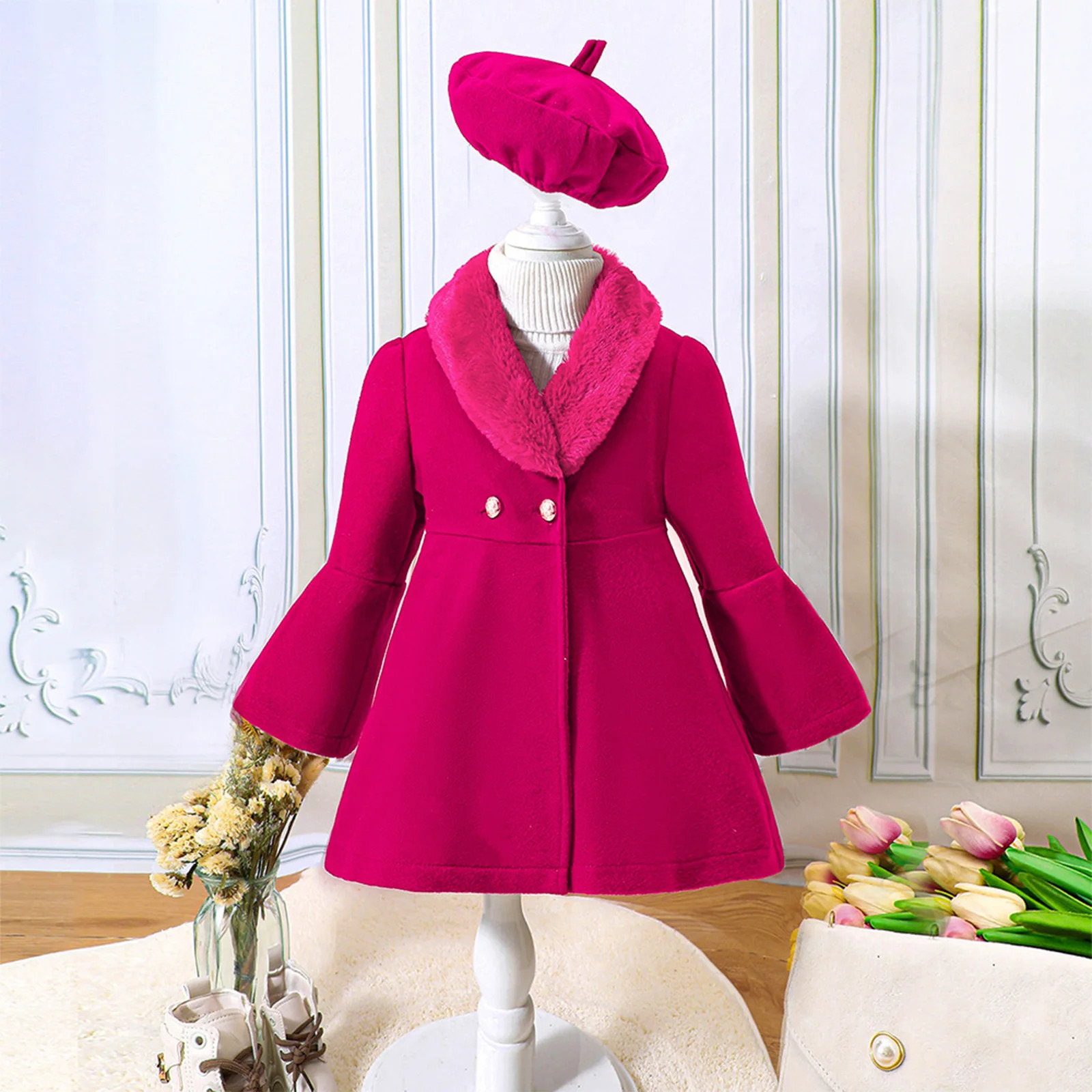Kids Girls Autumn Winter Warm Woolen Blend Overcoat Furry Collar Long Sleeve Coat School Birthday Party Outerwear with Beret Hat 251015