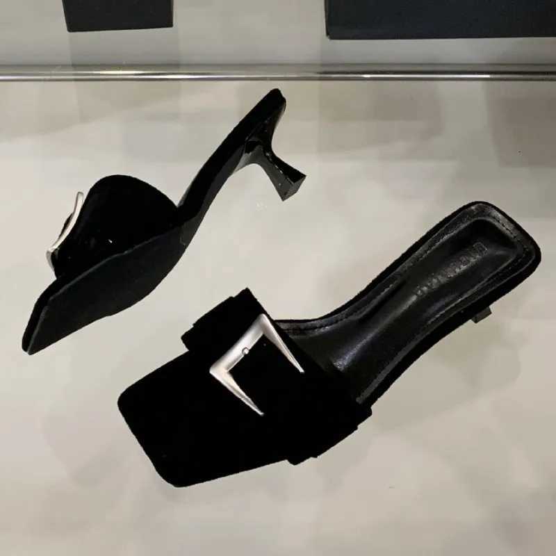 High Quality Satin Square Toe Women Sandals Sexy Open Toe Metal Buckle Designer Shoes Fashion Comfort Thin Heeled Slide Sandals Z251015