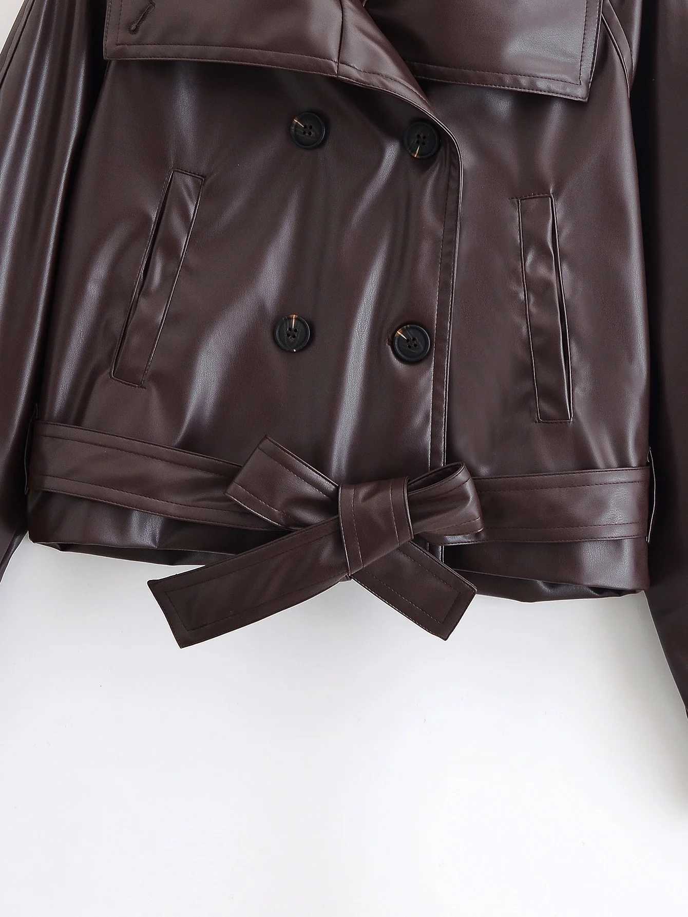 Womens new fashion With Belt lapel short double breasted faux leather Windbreaker coat retro long sleeved womens coat chic topT251017