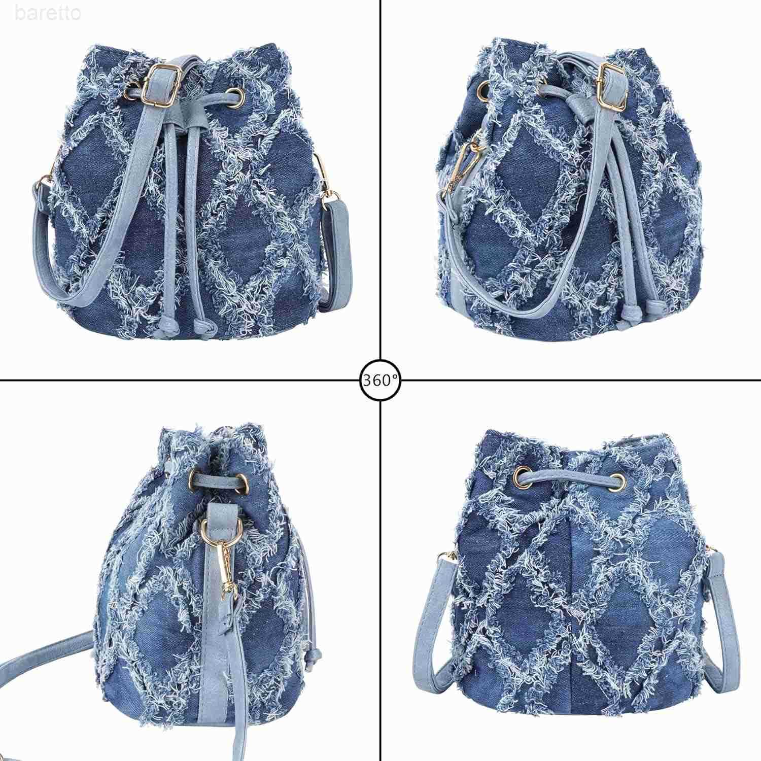 Women Denim Mini Bucket Shoulder Crossbody Bag Drawstring Quilted Distressed Tassel Barrel Shape Satchel Purse Z251017