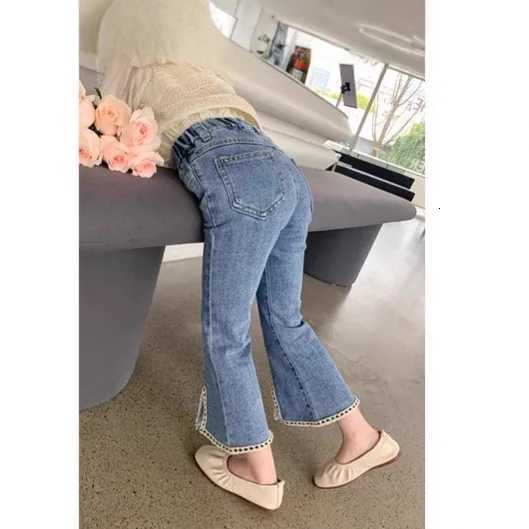 New Arrived Korean Child Flare Jeans with Slits Lace for Girls Little Fragrance Denim Pants Kids Baby Classic Jeans TrousersT251017