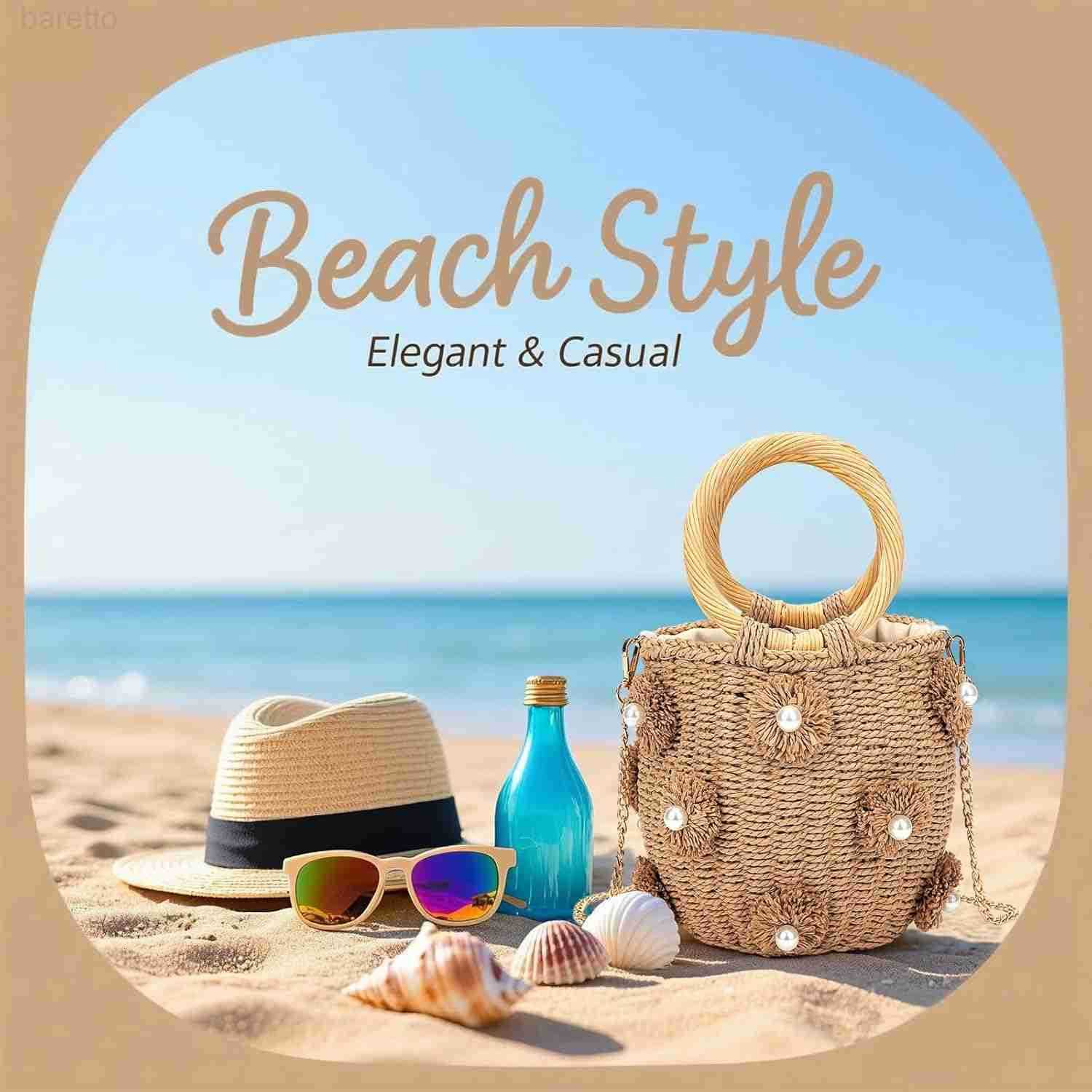 Straw Bucket Bag Flower Pearls Rattan Tote Bag Summer Beach Bag Woven Handbag Drawstring for Women Z251017