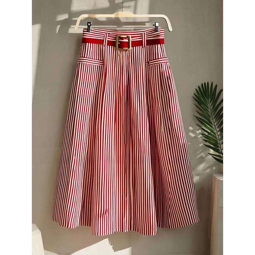 French Elegance Red Striped Design Chic High-waist Big Swing Mid-length Skirt Women Spring Autumn Basics A-line Skirts