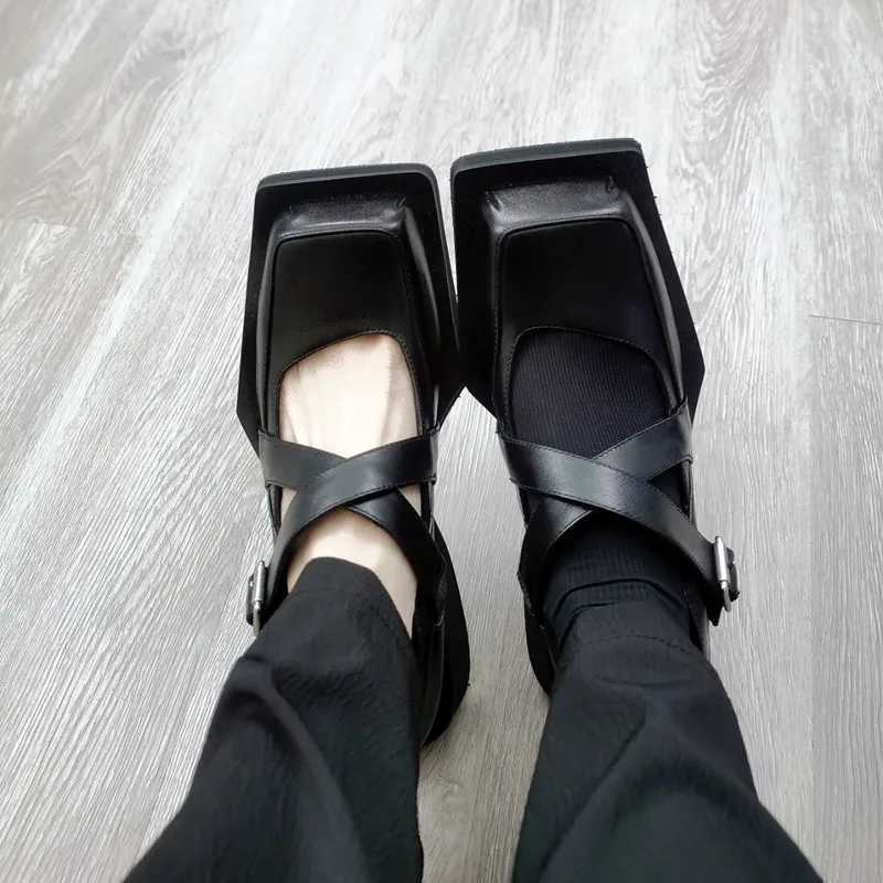 Sexy Square Toe Mary Jane Shoes Women Wedge Platform Shoes for Women Comfortable Leather PU Flats Cross Tie Buckle Casual Shoes Z251015