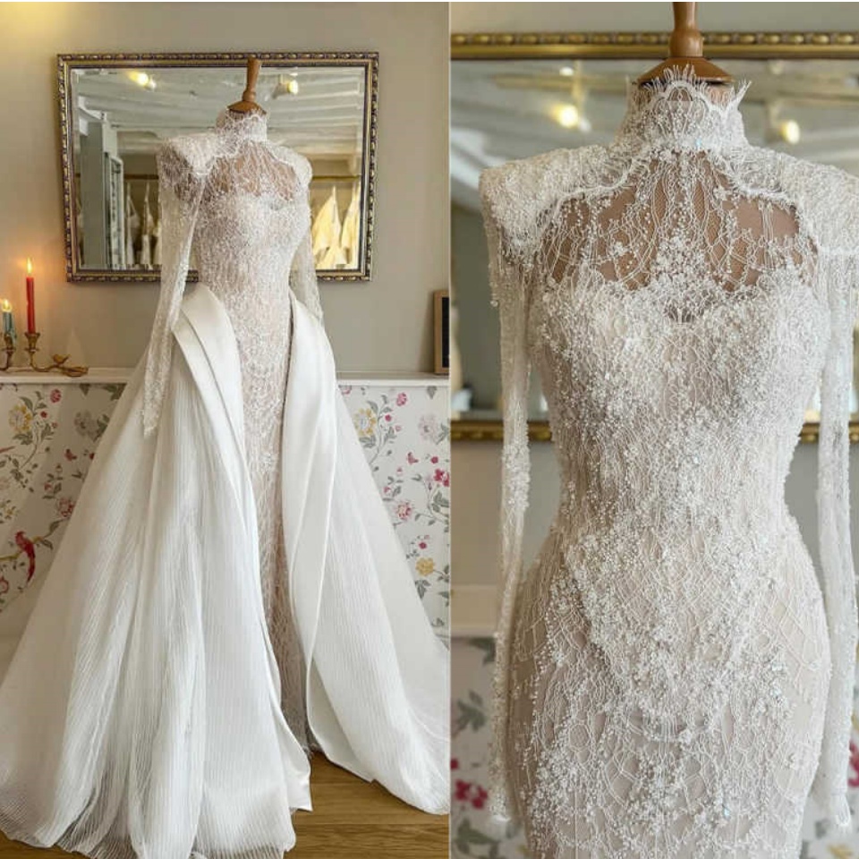 New Wedding Dress Mermaid Shine 3D-Lace High-Neck Appliques Bridal Gowns Detachable Train Robe De Vestido Plus Size Customized