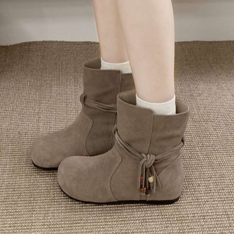 Cameido Women Suede Flat Short Round Toe Vintage Western Beaded Tied Fringed Boots For Autumn And Winter