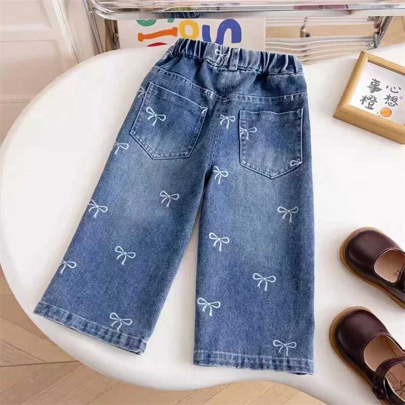 Girls Print Bow Jeans New Autumn Spring Children Loose Fashion Pants Kids Baggy Straights Baby Wide Leg Trousers 16 YearsT251017