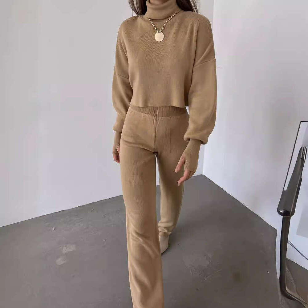 Women's Autumn Winter New Casual American Style Sweatshirt High Neck Loose Sleeve Long Pants Two-Piece Set B5