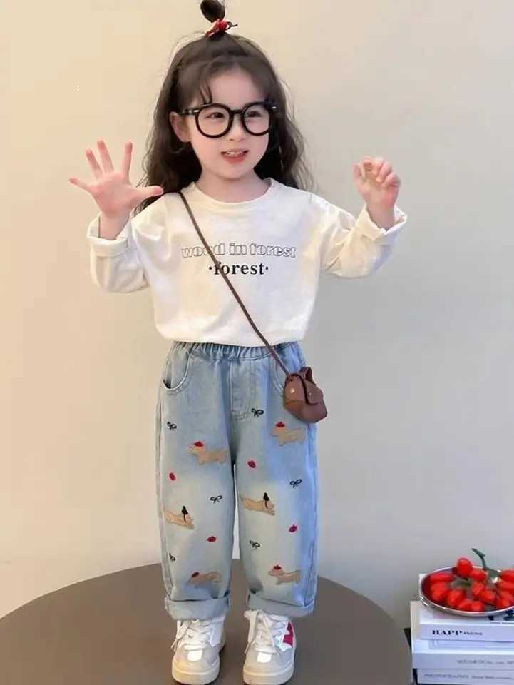 Children Denim Pant Spring Autumn Korean Printed Bows Baby Girls Jeans Kids Cartoon Straight Pant 210 Y Casual TrousersT251017