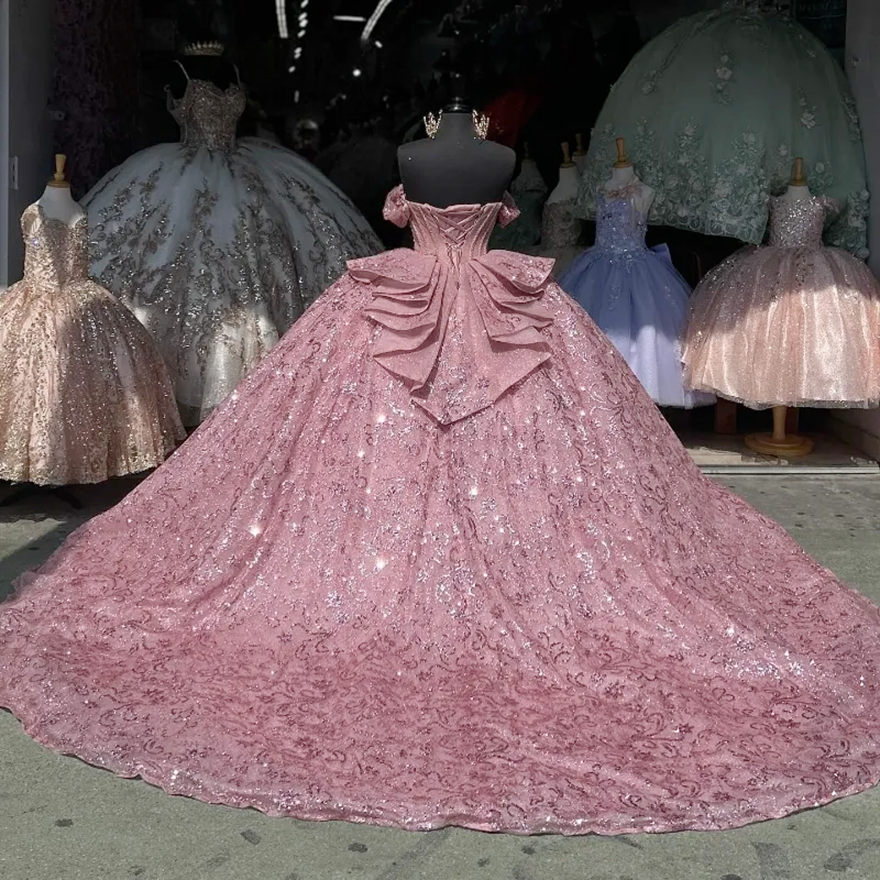Pink Sweetheart Shiny Quinceanera Dresses Ball Gown Off The Shoulder Lace Beads Crystal Tull Mexican Sweet 16 Dresses 15 Anos