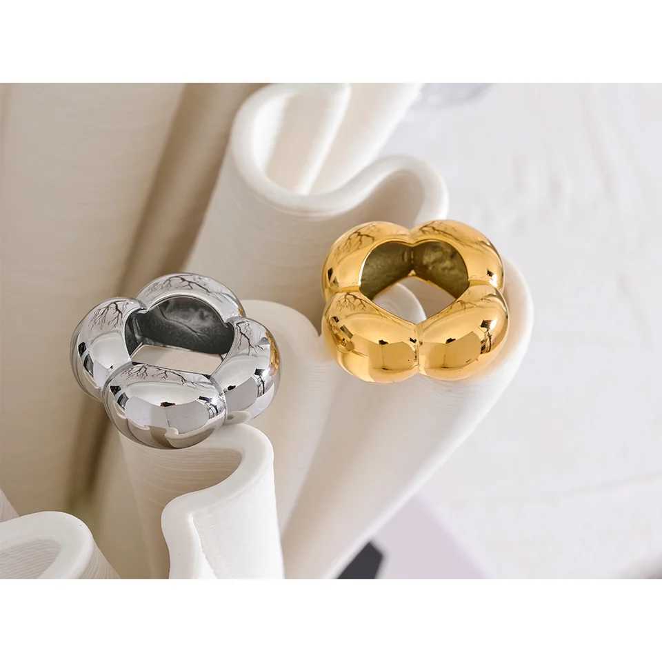 Yhpup 316l Stainless Steel Flower Hollow Big Fashion Statement Ring Waterproof Texture Jewelry Attractive Women Bijoux GiftW251017