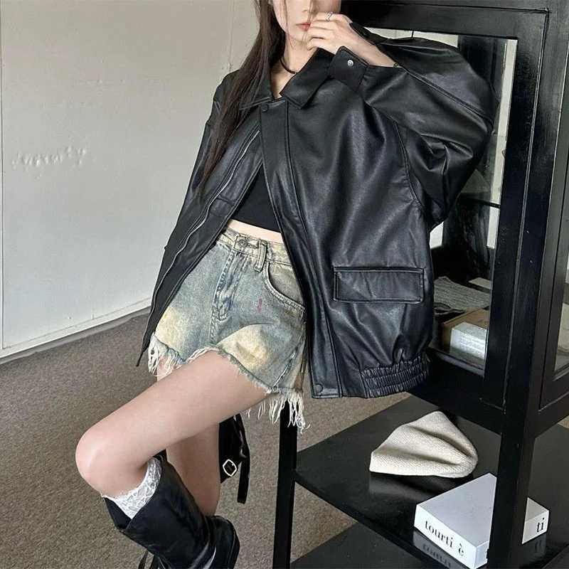 New American Retro Faux Leather Jacket Women Autumn Y2K Long Sleeve Pu Jackets Woman Stylish Loose Zipper Moto Biker Coats MujerT251017