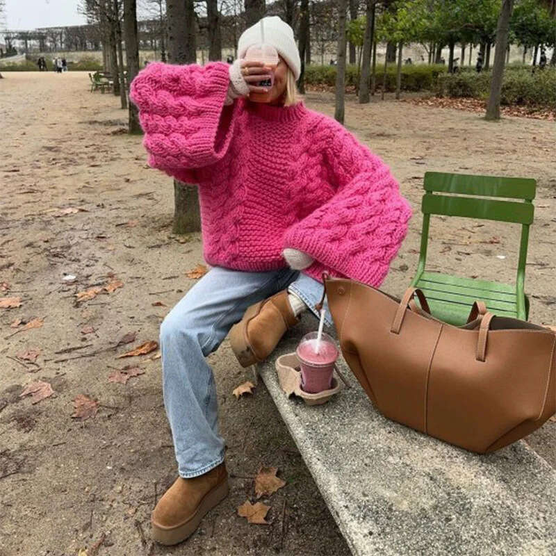 Women's Comfortable Casual Knitted Round Neck Solid Color Autumn Plus Size Sweater B5