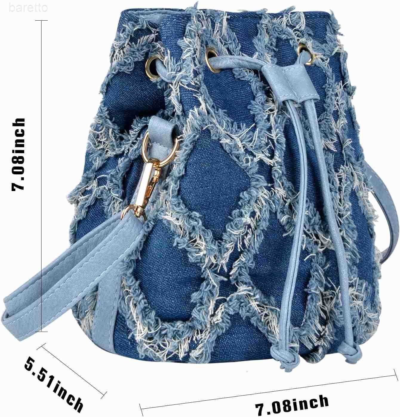 Women Denim Mini Bucket Bag Crossbody Purse Shoulder Handbag Drawstring Quilted Tassel Barrel Shape Satchel Tote Bag Z251017