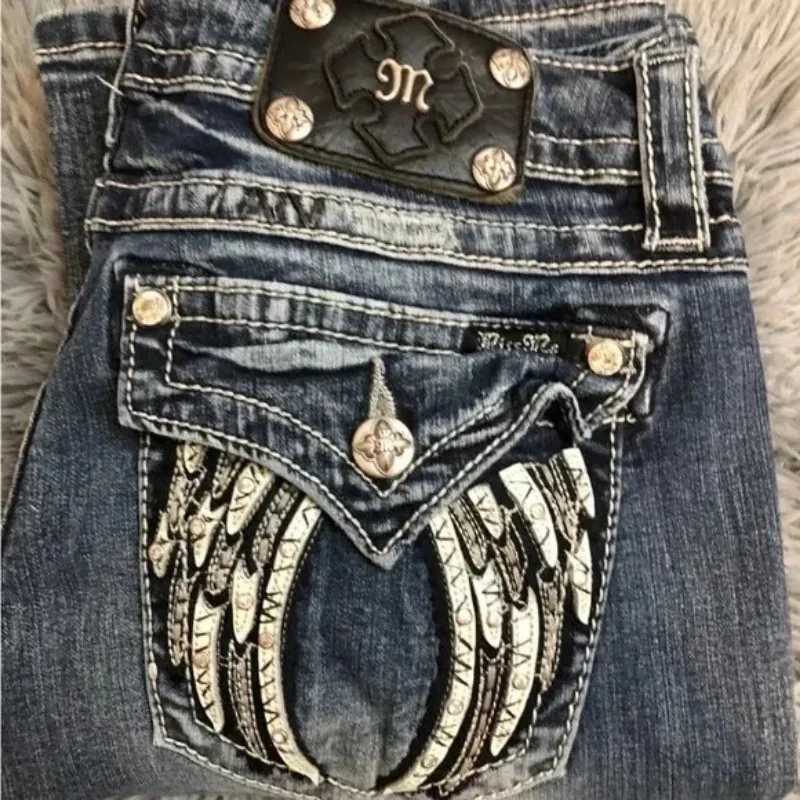 American Retro Miss Me Boots Tailored Baggy Jeans Female Y2K New Embroidered Wing Pocket Harajuku Gothic HipHop WideLeg Jeans L251017