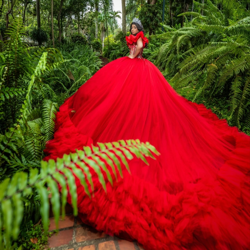 Red Shiny Quinceanera Dresses Off The Shoulder Applique Lace Beading Crystal Tiered Tull Party Birthday Sweet 16 Dres Vestidos 15 De Anos