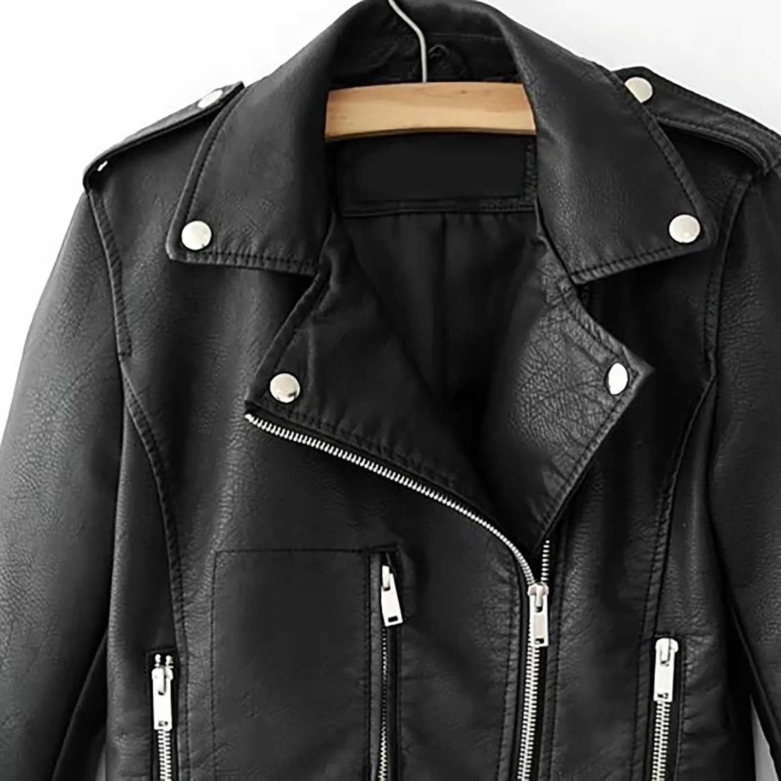 Women Motorcycle Jackets Vintage Button Down Zip Up Lapel PU Leather Coats Streetwear Cropped Bomber Jackets Outwear Plus SizeT251017