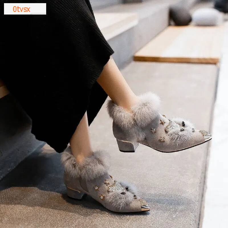 Crystal Fox Head Personalized Design Boots Autumn and Winter New Fashion Metal Pointed Fluffy Plush High Heels Women's High Heels Designer Shoes