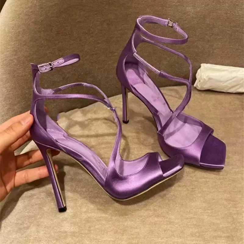 Luxury Satin Designer Women Pumps Sexy Cross Strap Square Toe Heeled Sandals Elegant Purple Thin High Heels Party Dress Shoes Z251015