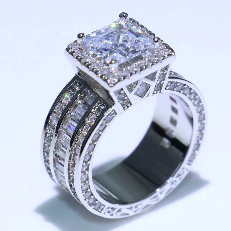 Wholesale Professional Jewelry Sterling Sier Princess Cut White Topaz CZ Dia Pave Promise Women Wedding Engagement Ring