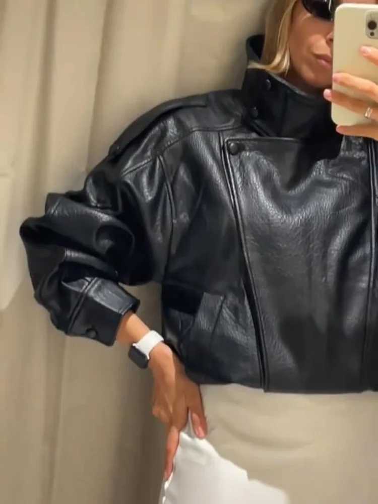 Fashion Black Leather Jacket Women Clothing Autumn Winter New Loose Casual Coat PU Leather Motorcycle Jacket Women TopsT251017