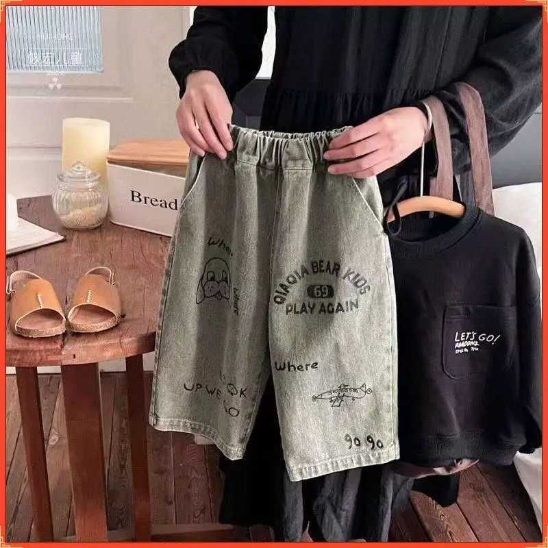 Trousers Spring and Autumn 2025 New Childrens Korean Jeans Boys and Girls Cartoon Printed Graffiti Straight Pants Long PantsT251017