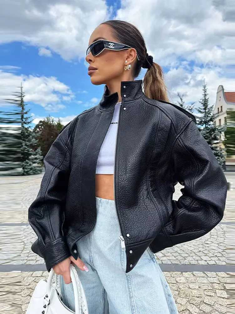 HH Women Fashion Pu Leather Jacket Vintage Solid Long Sleeve Zipper Overcoat Jackets Autumn Female Casual Street OuterwearT251017