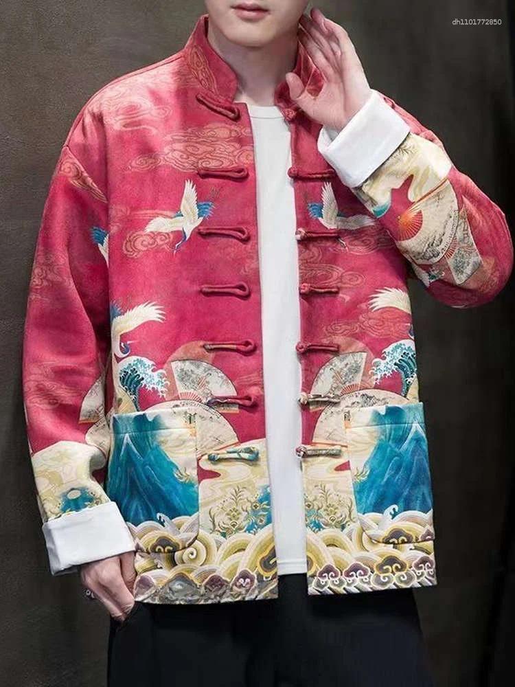 Men's Jackets Spring Autumn Youth Chinese Sle Jaet Printed Hanfu Coat Stand Collar Button Up Loose Fit Wear Resistant Long Sve