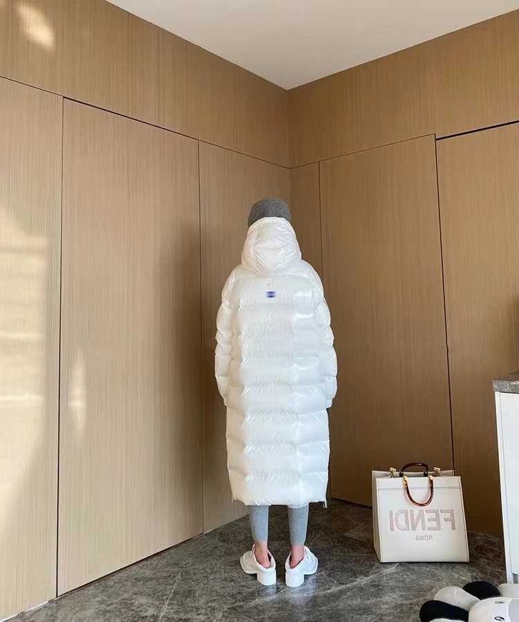Womens Winter Hooded Glossy Long Sleeve Hooded Long White Duck Down Coat Lady Thick Warm Down Outwear W251016