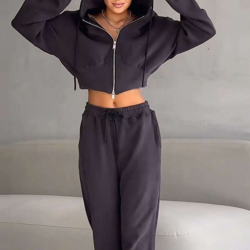 Autumn New Casual Women's Long Sleeve Zipper Hooded Sweatshirt Solid Color Drawstring Pants Two-Piece Set B5