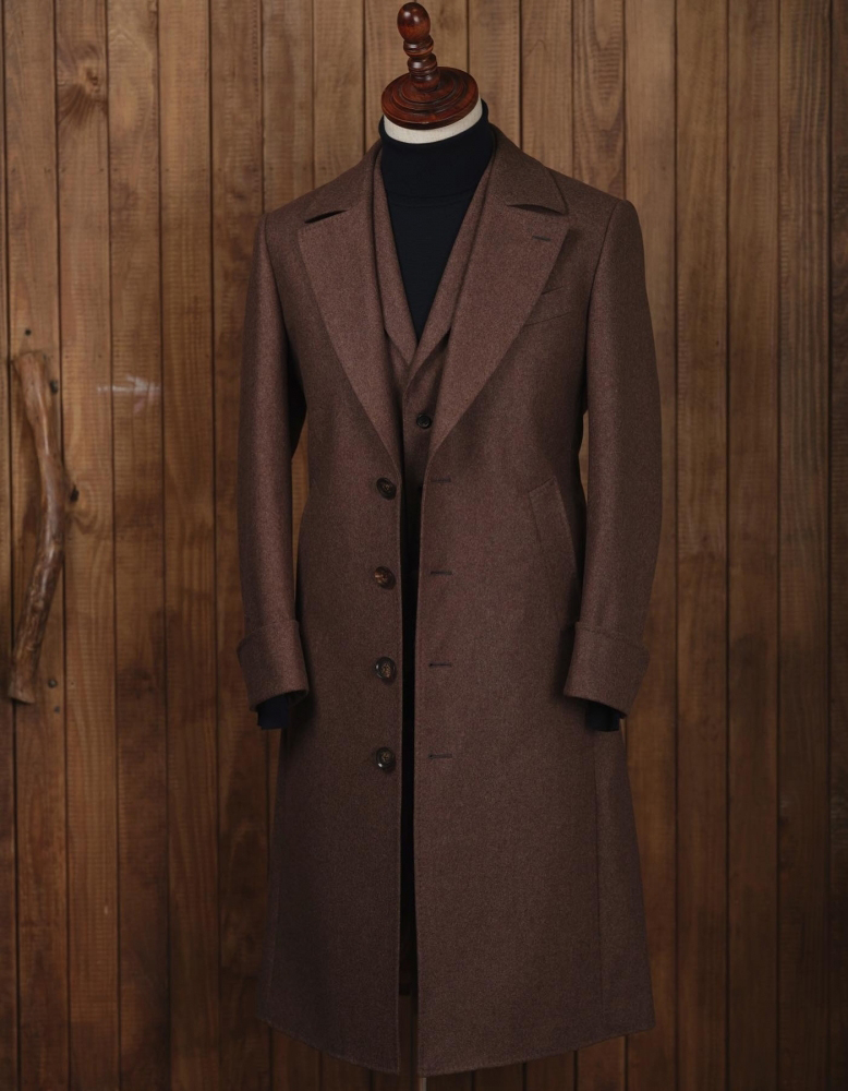 Customized Brown Wool Men Long Coat Winter Warm Business Groom Party Prom Jacket Wear Outfit One Piece