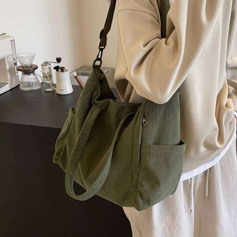 Women Corduroy Tote Casual Multi Pocket Handbag Adjustable Strap Crossbody Sling Zipper Shoulder Fall Winter Bag