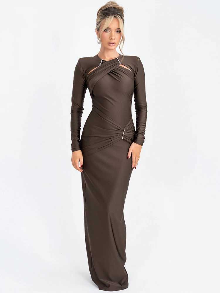 Mozision Hollow Out Long Sleeve Sexy Maxi Dress For Women Gown Fashion Solid Bodycon Ruched Club Evening Elegant Long Dress L251017
