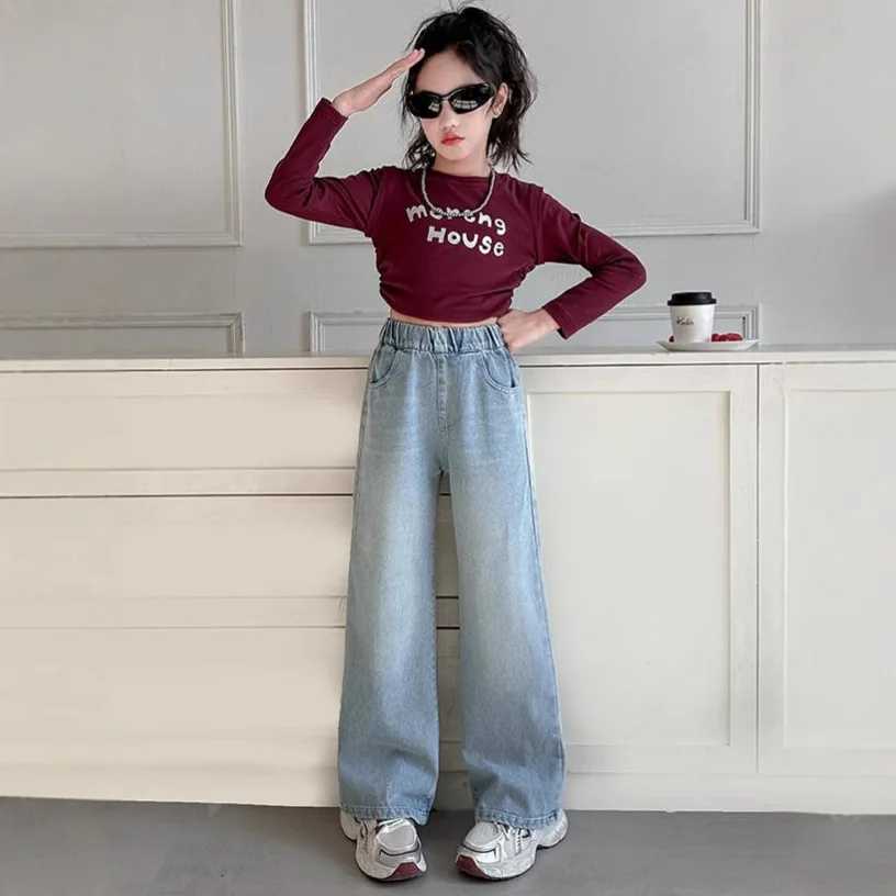 Autumn Young Teenager Girls Denim Pants Elastic Waist Youth Girls Trousers Loose Casual Pure Color Children Girls JeansT251017