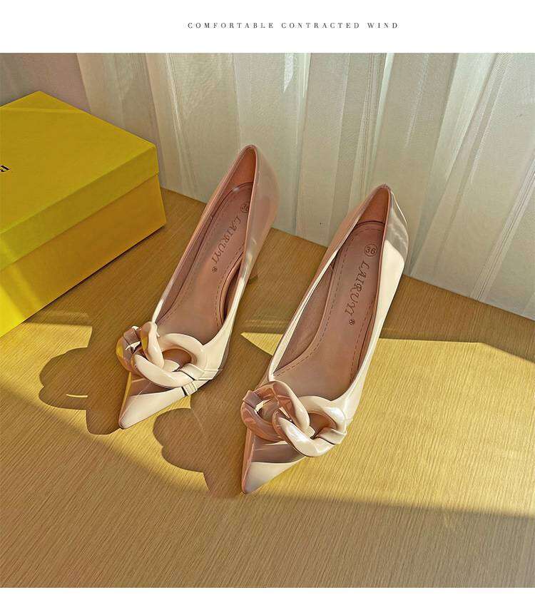 Plus Size Women Shoes Leather Fashion Chain Pointed Toe Shallow Mouth All-Match High Heel Shoes