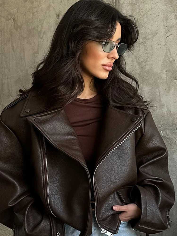 PU Leather Jacket For Women Zipper Turndown Collar Loose Fashion Coat Luxury Brown 2025 Spring Street Motorcycle Overcoat TopT251017