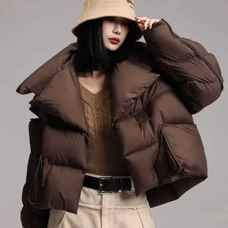Overcoat 2025 New Fashion Women Down Jacket Winter White Duck Down Knitted Patchwork Lapel Women Down Jacket H132 W251016