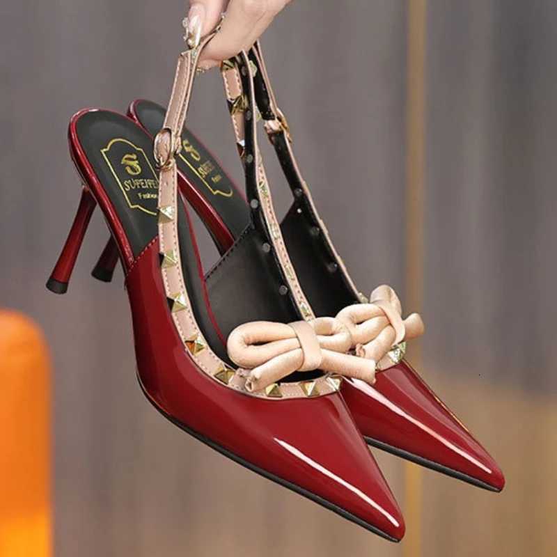 Luxury Bow rivet hollow Women Sandals Patent Leather Pointed Toe Back Strap buckle Slide Sandals Fashion Comfortable Dress Shoes Z251015
