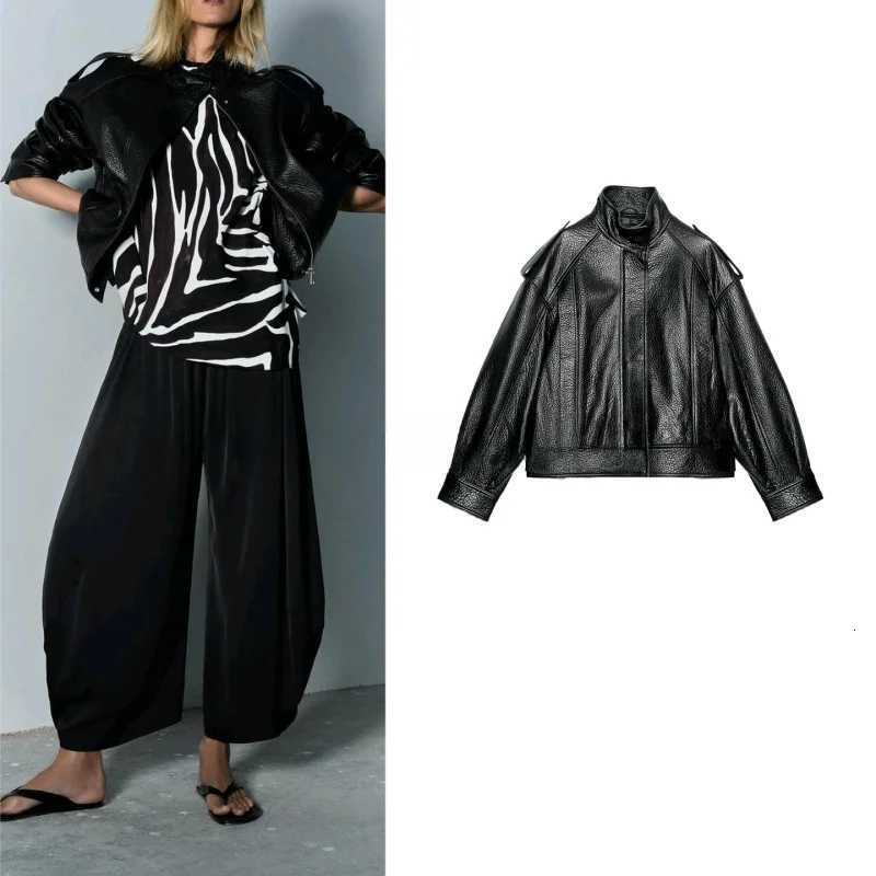 Fall New Womens High Collar Long Sve PU Leather Pilot Jaet Coat Commute Sle Loose Fit Polyester Fiber Zipper ClosureT251017