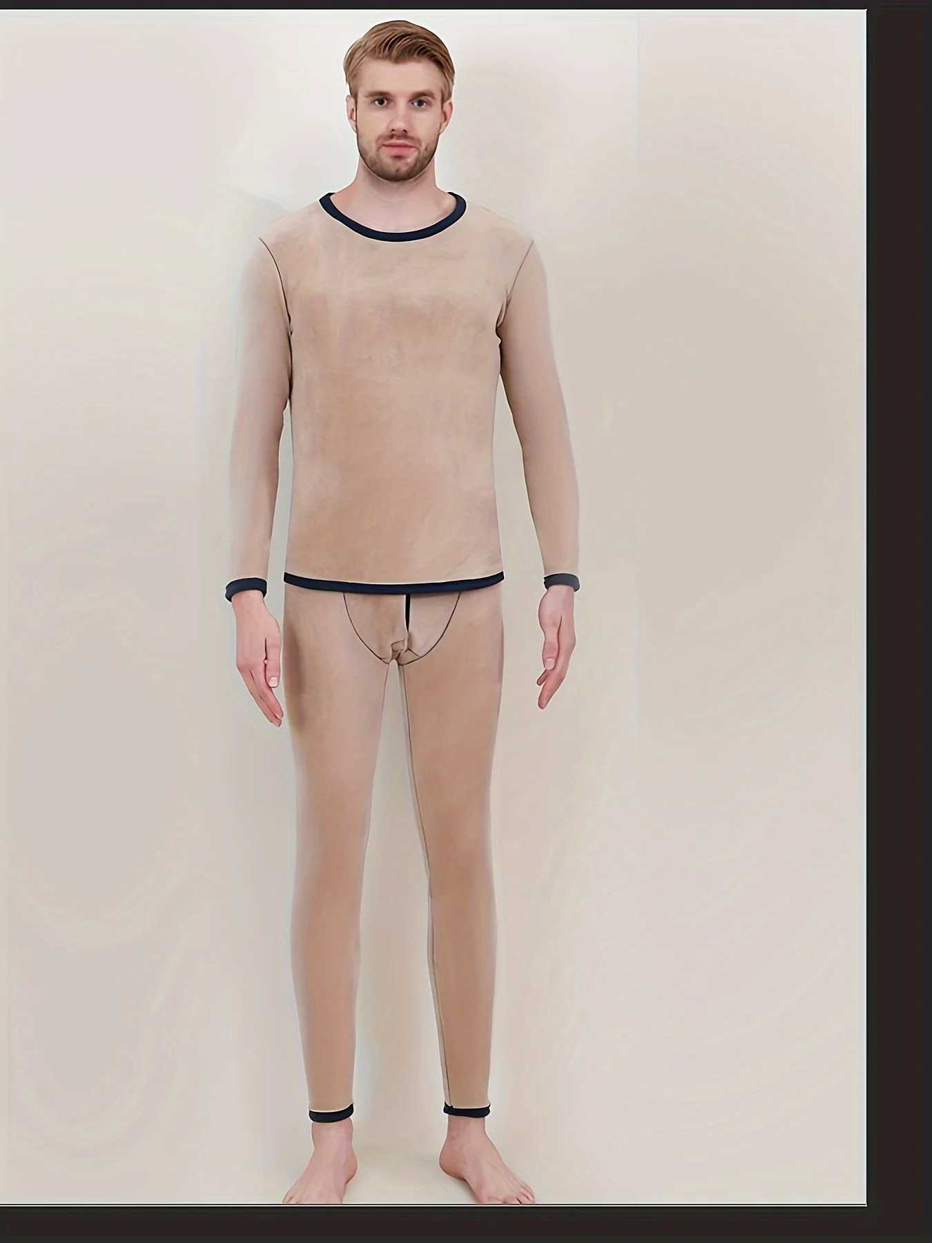 Mens Winter Fleece Lined Thick Warmth Protection Round Neck Solid Color Hoodie and Pants Set H251017