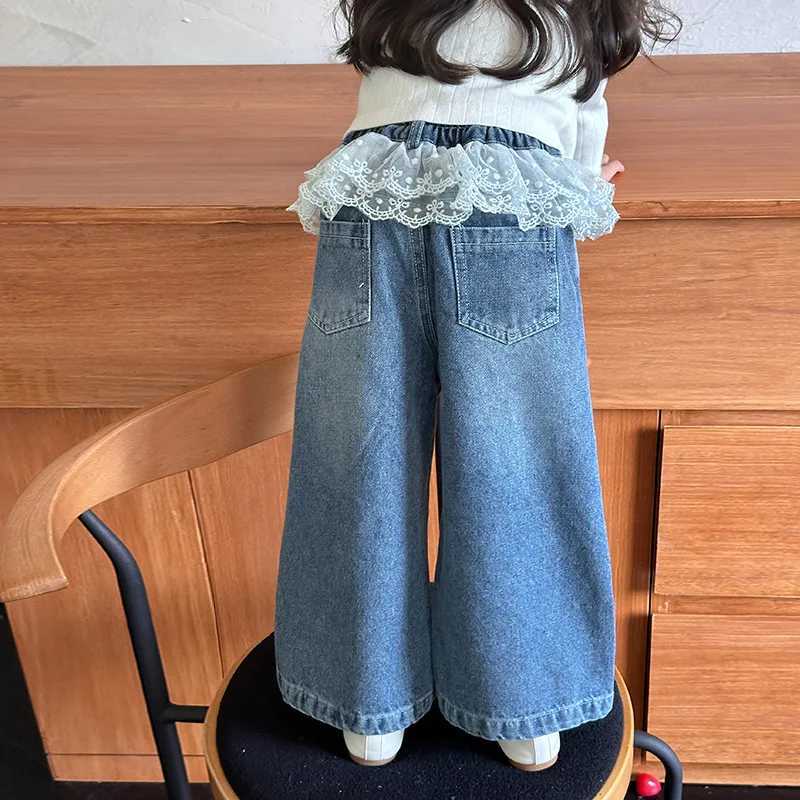 Baby Girls Pants Fashion Lace Loose Straight Jeans 2024 Autumn New Korean Style Childrens Wide Leg PantsT251017