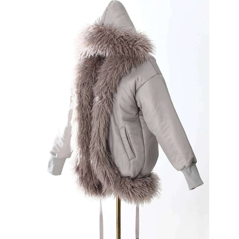 Gray Spliced Fur Retro Jacket Female Hooded Long Sleeve Loose Minimalist Casual Women's Jackets Winter Fashion Style
