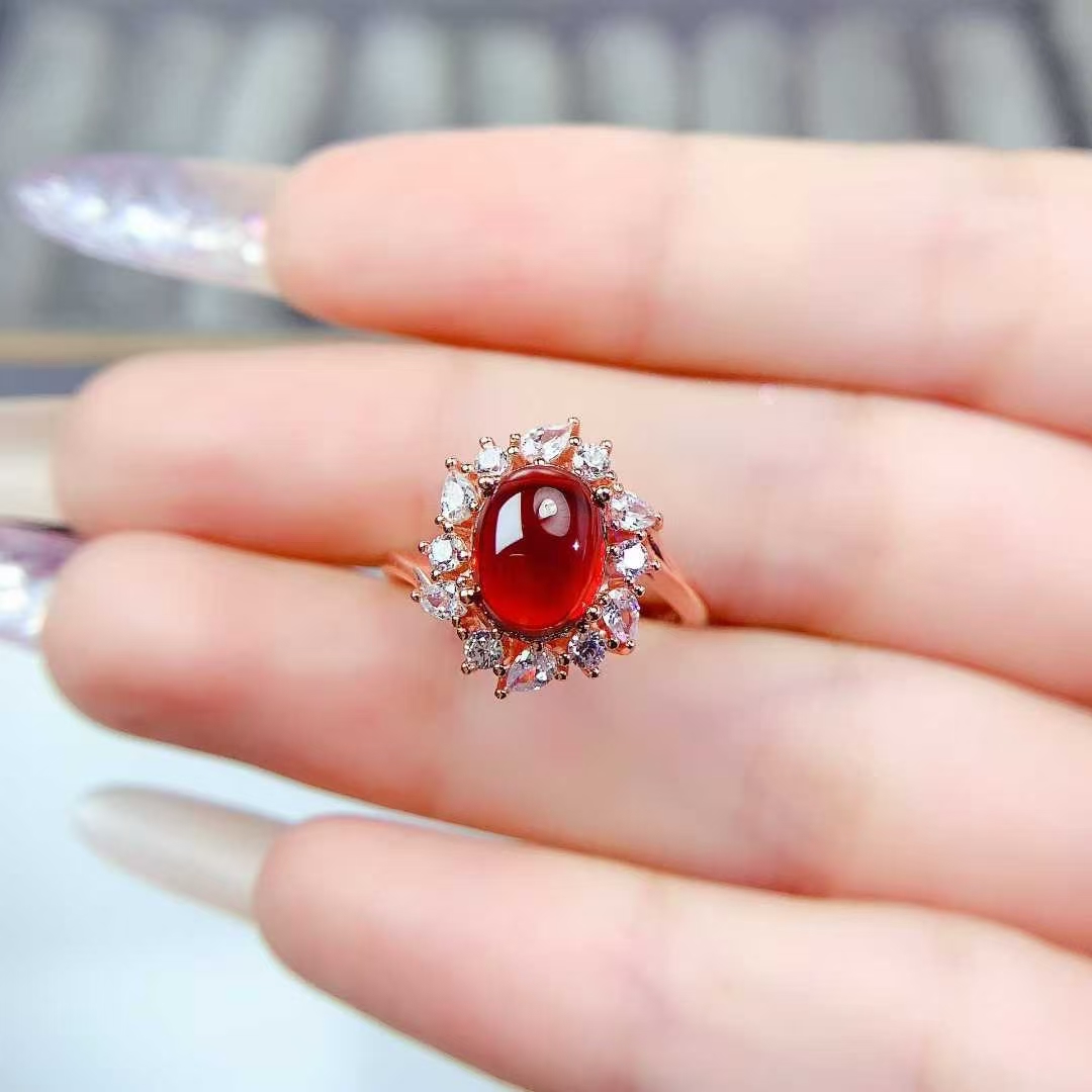 Cabochon garnet ring real 925 silver gemstone jewelry with 18K gold plating 7mm*9mm natural garnet ring with certificate